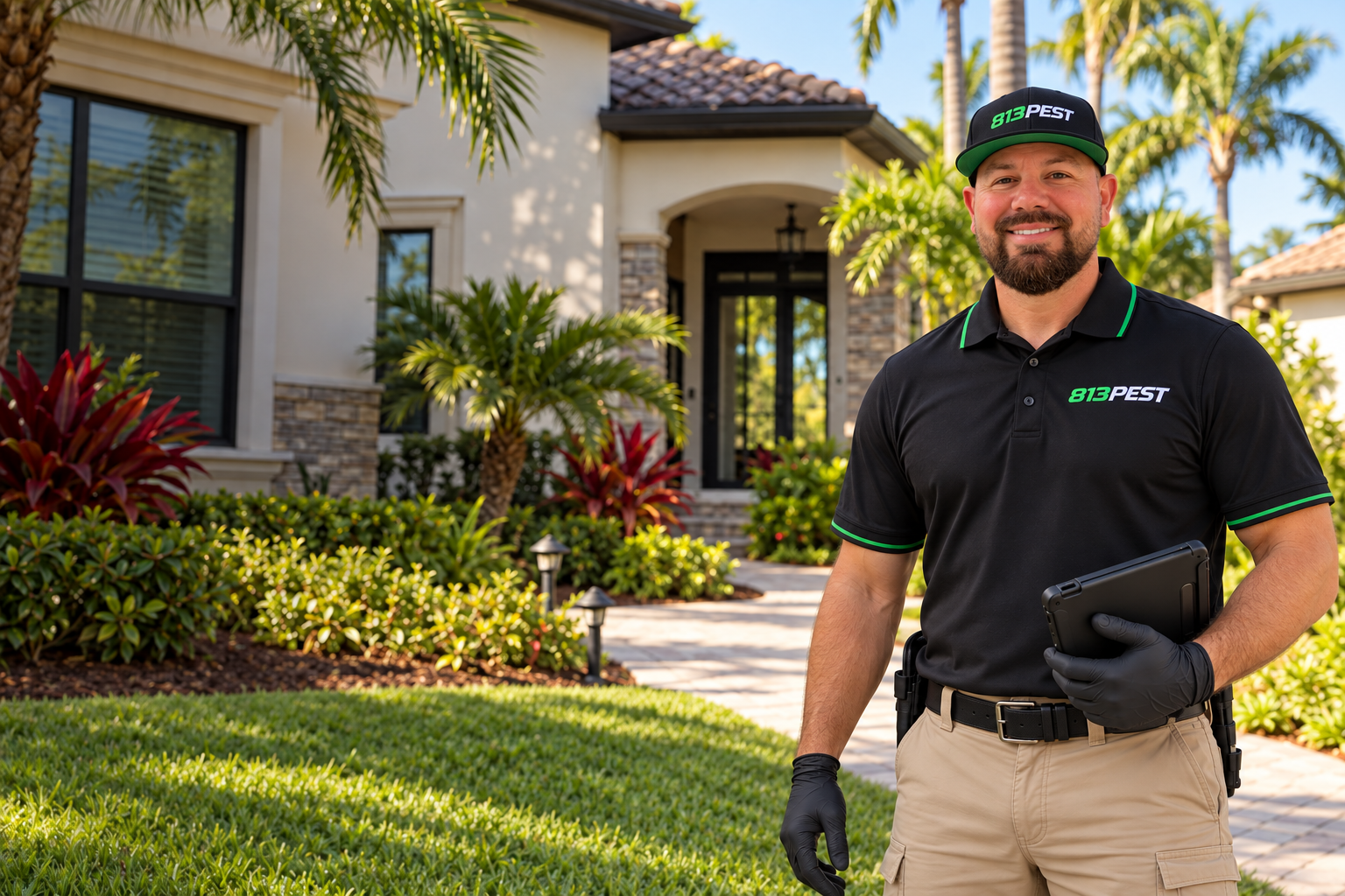 813PEST professional wearing a branded hat and uniform outside a Florida home